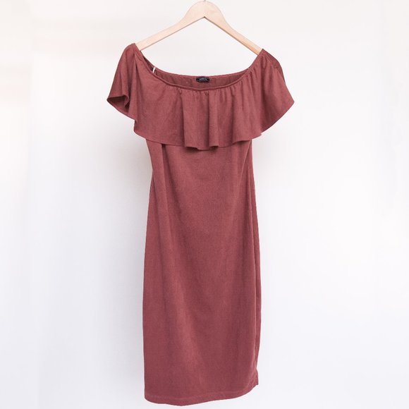 Lovely Day Dresses & Skirts - Ruffle Off Shoulder Rose Velvet Soft Bodycon Dress